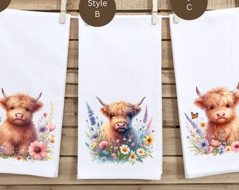 Highland Cow Watercolor Kitchen Towel, Scottish Home Decor