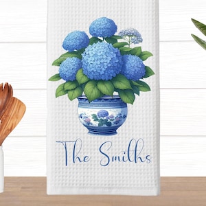 Personalized Blue Ginger Jar Hydrangea Kitchen Tea Hand Dish Towel, Custom Blue Chinoiserie Kitchen, Hostess Housewarming Farmhouse Decor