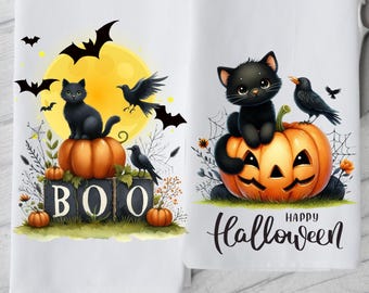 Halloween Kitchen Towels with Cats, Pumpkins, and Bats, Happy Halloween Hand Tea Dish Towel, Halloween Gift Tea Towel, Halloween Decor