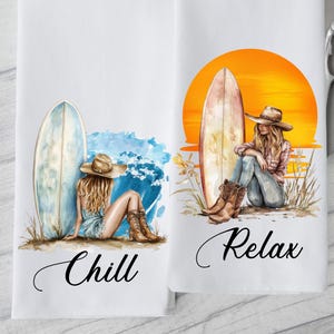 Surfing Cowgirl Kitchen Towel, Summer Vibes Towel, Relax and Chill Kitchen Dish Towel, Beach House Decor towel, Sunset and Sea Decor