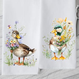 Watercolor Ducks Kitchen Towel, Cute Ducks and Wildflowers Decorative Towels, Nature Lover Dish Towel, Farmhouse Tea Towel, Kitchen Decor
