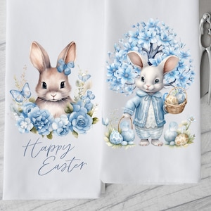 Easter Bunny Happy Easter Kitchen Towel, Rabbit Easter Tree Decorative Tea Towel, Blue and White Easter Bunny Dish Towel