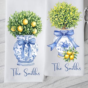 Personalized Chinoiserie Lemon Topiary Kitchen Towel, Lemon Topiary Gift Towel, Custom Name Dish Towel, Hostess Gift Towel, Farmhouse Decor