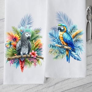 Tropical Parrot Kitchen Towels, African Gray Parrot Dish Towels, Blue and Gold Parrot Tea Towels, Summer Decor, Single or Set