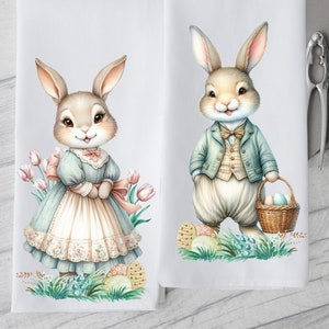 Vintage Bunnies Kitchen Towels, Bunny Rabbit Decorative Towels, Farmhouse Kitchen Dish Towel,  Bunny Easter Towels Set