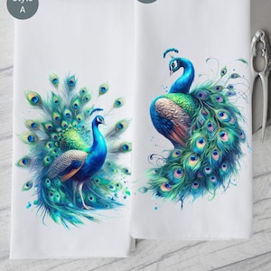 Peacock Dish Towels, Watercolor Peacock Kitchen Towels, Bird Lover Tea Towel, Farmhouse Guest Towel, Bird theme Towels, Single or Set