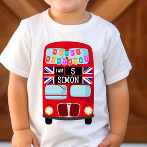 Personalized Name And Age London Bus Birthday T Shirt,  Custom Name Double Decker Bus Shirt, Toddler Shirt, British Gift, Onesies® Brand