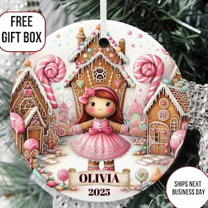 Personalized Gingerbread Girl Ornament, Pink Custom Name and Year Ceramic Gingerbread House Ornament, Christmas Gift, Free Gift Box,