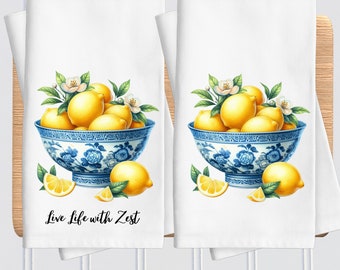 Lemon Chinoiserie Kitchen Towel, Live Life with Zest Decorative Towel, Bowl of Lemons Dish Towel, Pretty Bowl with Lemons Tea Towel