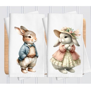 Vintage Bunnies Kitchen Towels, Bunny Rabbit Decorative Towels, Farmhouse Kitchen Dish Towel,  Bunny Easter Towels, Single or Set