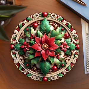 May include: A decorative Christmas ornament featuring a poinsettia design. The ornament has a central red flower with gold accents, surrounded by green leaves and red berries. The border is a cream color with intricate detailing. The ornament is on a wooden surface.