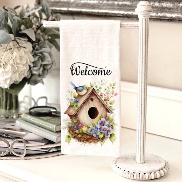 Welcome Birdhouse Dish Towel, Pretty Spring Bird house Kitchen Towel, Wood Bird House Towel, Cotton or Microfiber, New Home Gift