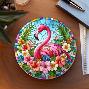 Flamingo Ceramic Coaster, Faux Stained Glass Wood Cork Backed Coasters, Bird Lover Design, Home Decor Coaster, Flamingo Lover, Hostess Gift