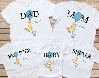Personalized Family Matching Shirts, Classic Pooh Blue Balloons, Mom, Dad, Brother Sister and Baby Shirts, Winnie-the-Pooh Custom Shirts