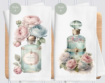 Bathroom Hand Towel Set Vintage Roses and Perfume Guest Bath Towels, Perfume bottle Decorative Towels, Floral Hand Towels, Single or Set