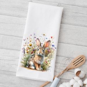 Bunny Rabbit and Wildflowers Kitchen Towel: Nature Lover Decor