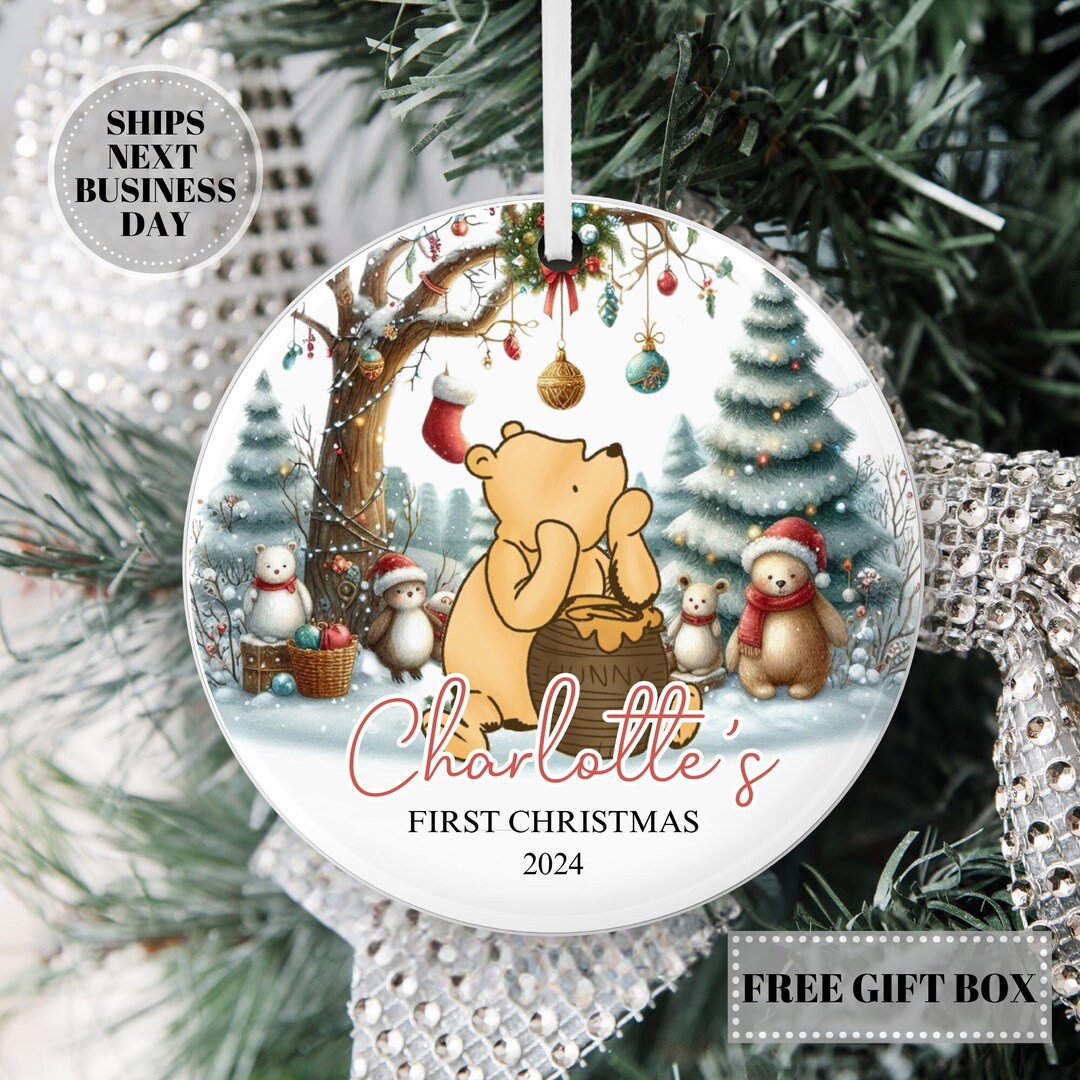Personalized Classic Pooh First Christmas Ornament - Free Gift Box