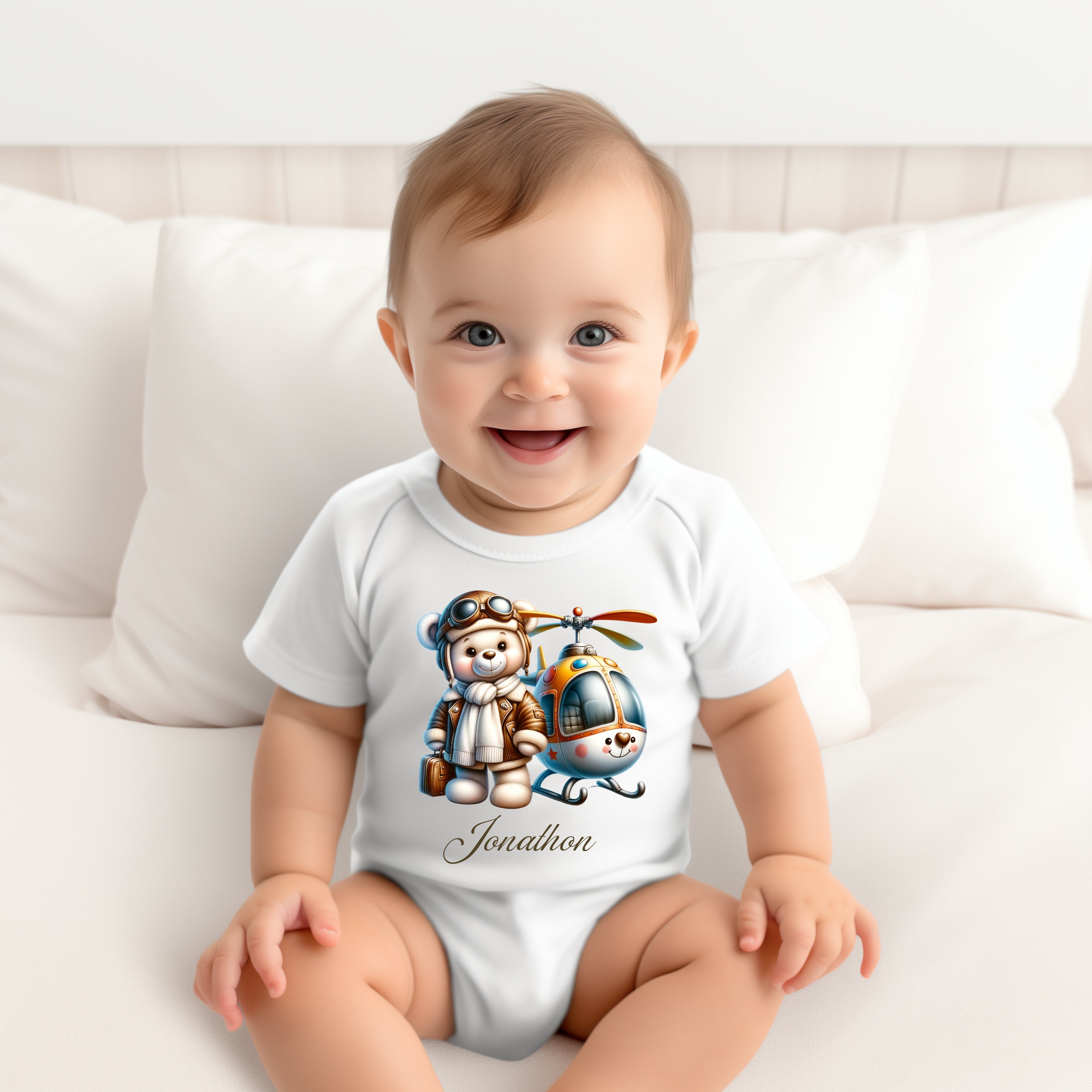 Personalized Teddy and Helicopter Baby Suit,  Baby Pilot Creeper, Baby Cute Helicopter Toddler Shirt, Onesies® Brand