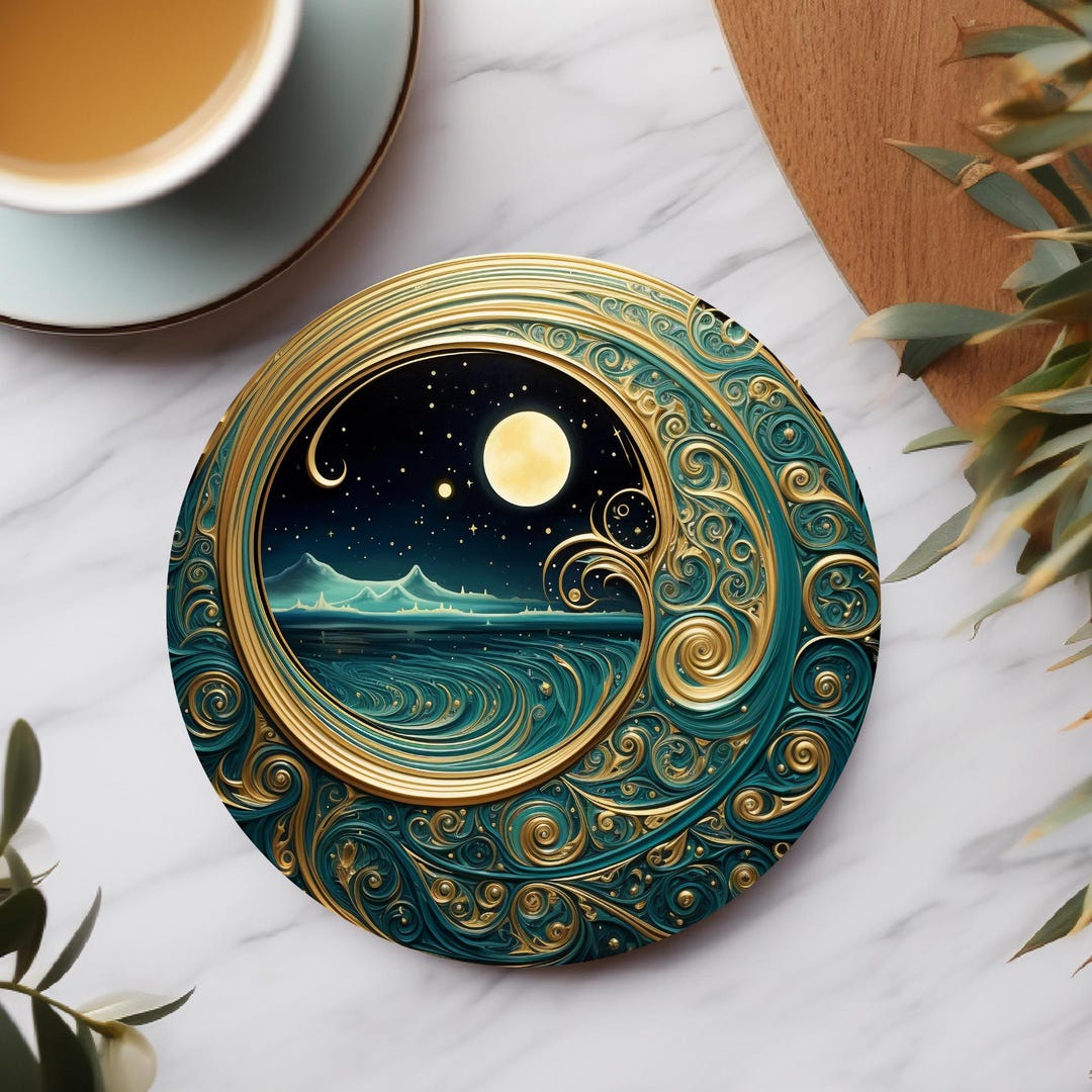 Moon Coaster Ceramic Celestial Moon Coasters: Green and Gold Starry Nights, MDF Wood ...