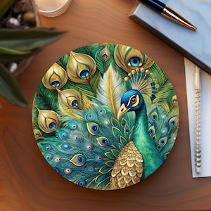 Ceramic Peacock Coasters: Bird Feather Design, Cork Backed, MDF Wood or Ceramic Options