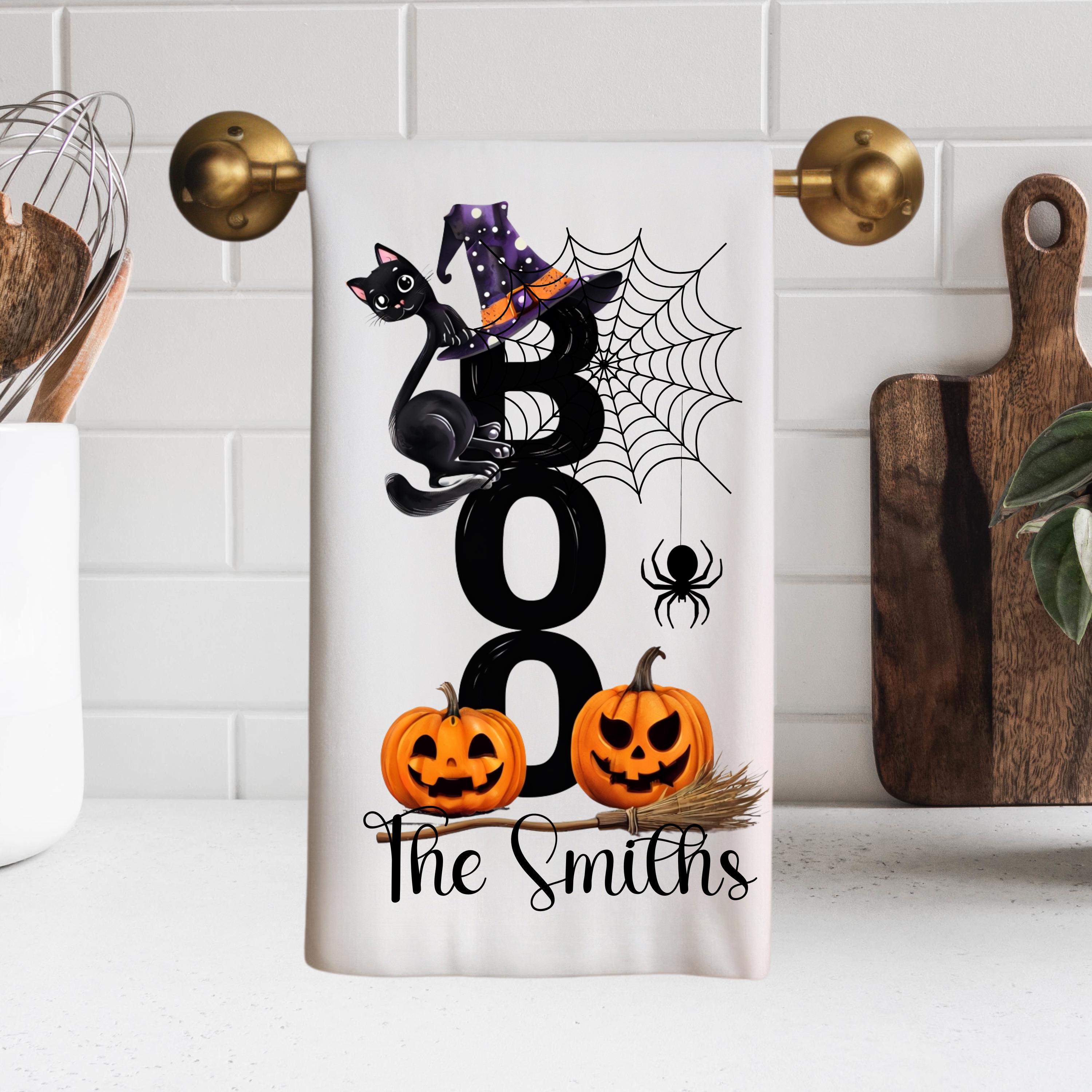 Personalized Halloween Kitchen Towel, Fall Spider Web Pumpkins Hand Tea Dish Towel, Cat BOO Kitchen Tea Towel,  Guest Towel, Witch Decor