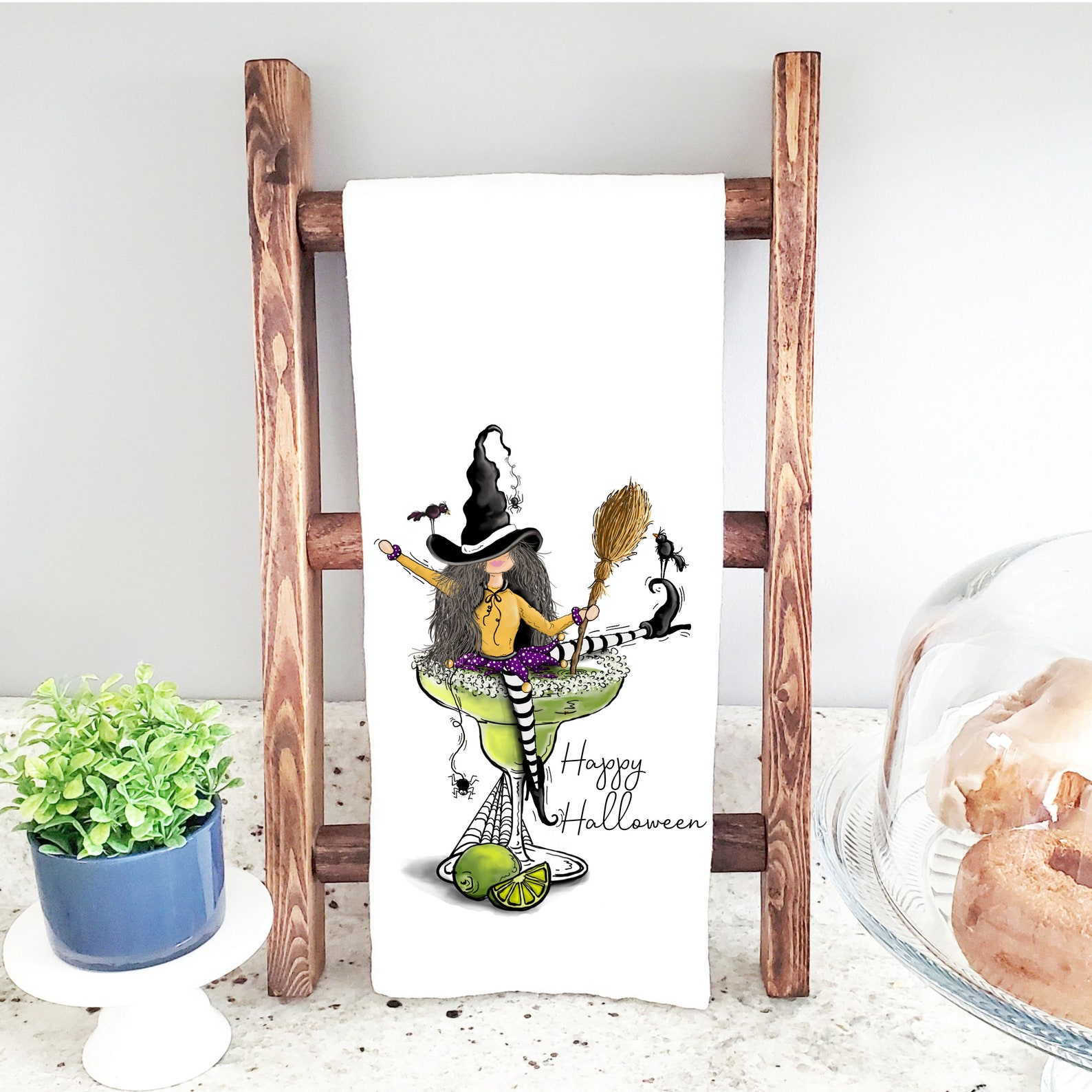 Funny Halloween Watercolor Witches Kitchen Towel, Cocktail Witch Halloween Dish Towels ...