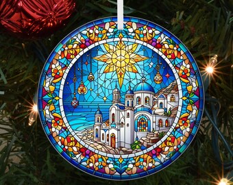 Santorini Greece Ornament: Faux Stained Glass Ceramic Keepsake
