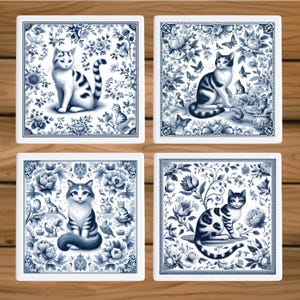 Chinoiserie Cat Ceramic Coaster set, Blue Toile Cats Decor, Cat Lover Cork Backed Coaster, Delft Blue House Decor, Gift, Cats Decor