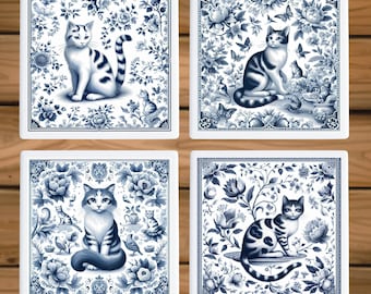 Posavasos de cerámica con diseño de gato chinoiserie: toile azul, base de corcho, opciones de madera MDF o cerámica
