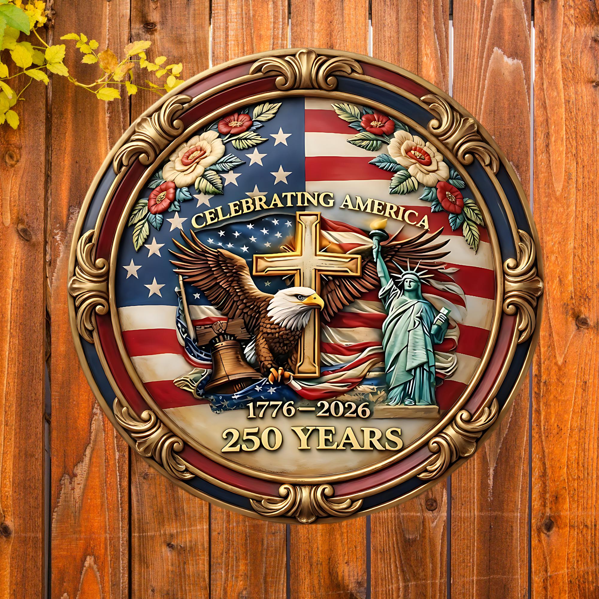 USA 250th Celebration Wreath Sign: Aluminum Metal Patriotic
