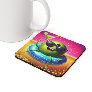 A green cartoon character with sunglasses is floating in a blue and white inflatable ring on a beach. The character is holding a green cocktail with a lime wedge. The background is a pink and purple gradient with yellow bubbles.