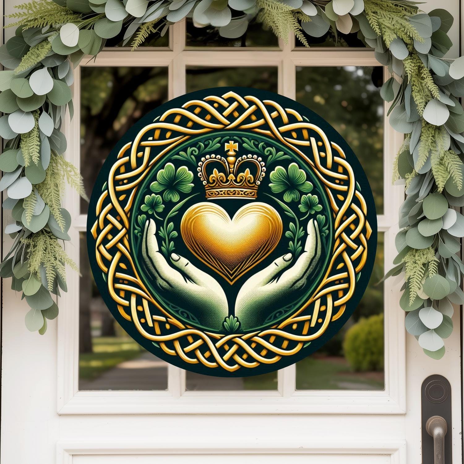 Irish Claddagh Wreath Sign: Celtic St Patrick's Aluminum Metal Round ...