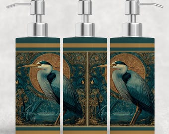 Blue Heron Soap Dispenser: Art Nouveau Decor, Stainless Steel