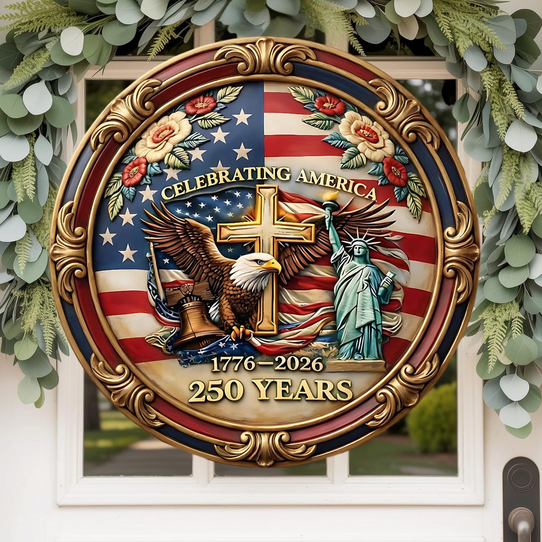 USA 250th Celebration Wreath Sign: Aluminum Metal Patriotic