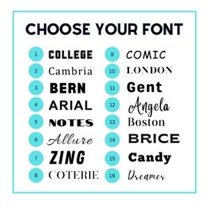 Choose your own font styles: COLLEGE, Cambria, BERN, ARIAL, NOTES, Allure, ZING, COTERIE, COMIC, LONDON, Gent, Angela, Boston, BRICE, Candy, and Dreamer.