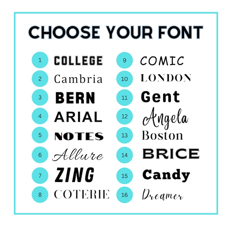 Choose your own font styles: COLLEGE, Cambria, BERN, ARIAL, NOTES, Allure, ZING, COTERIE, COMIC, LONDON, Gent, Angela, Boston, BRICE, Candy, and Dreamer.