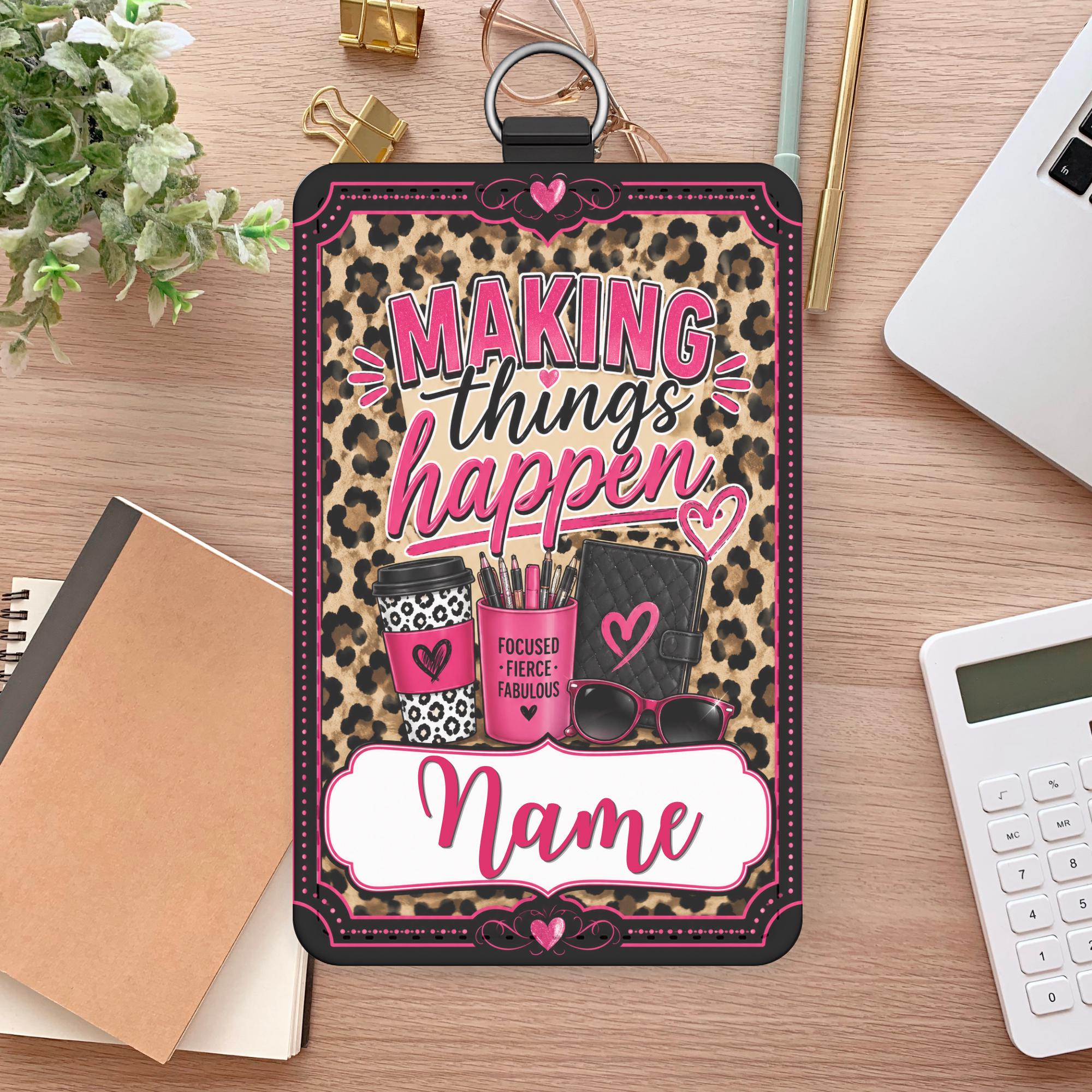 Personalized Leopard Pink Print PU Leather ID Badge Holder, Card Holder for Professionals