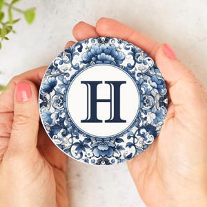 Blue Chinoiserie Monogram Ceramic Coasters,  Delft Blue Ceramic Coaster Set, Blue Toile Cork Backed,  Ceramic or MDF, Hostess Gift