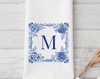 Personalized Monogram Toile Kitchen Towel: Blue Chinoiserie Decor