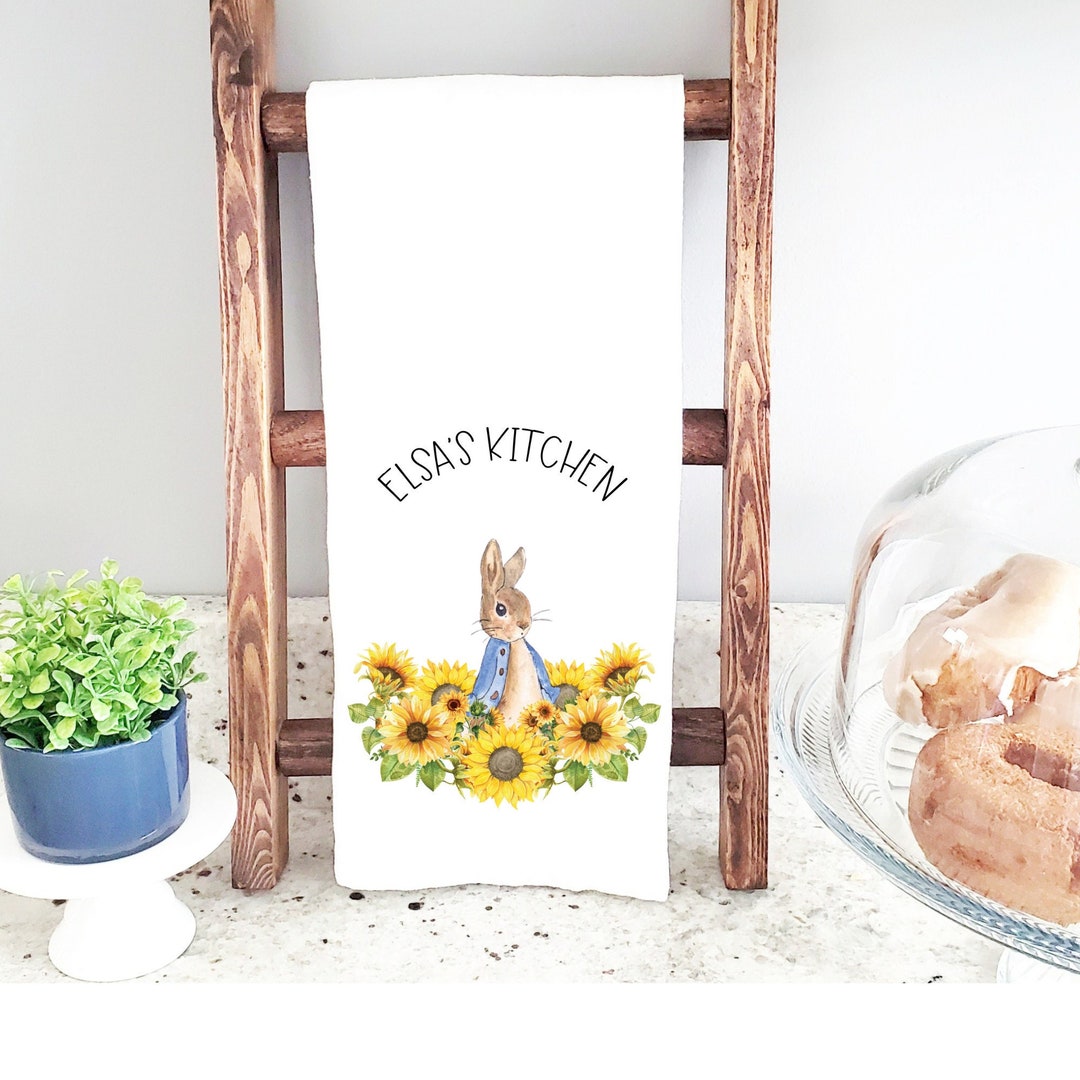 Peter Rabbit Sunflower Personalized Tea Towel, Blue Bunny Rabbit Tea ...