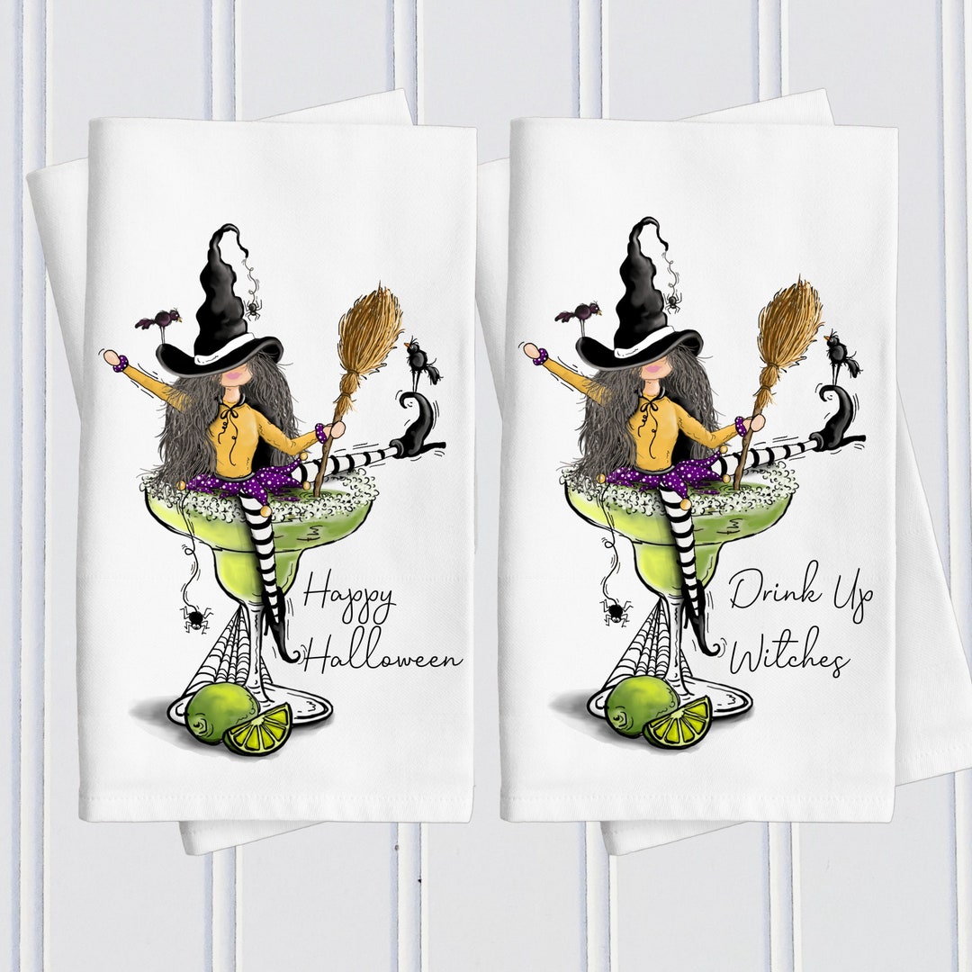 Funny Halloween Watercolor Witches Kitchen Towel, Cocktail Witch Halloween Dish Towels ...