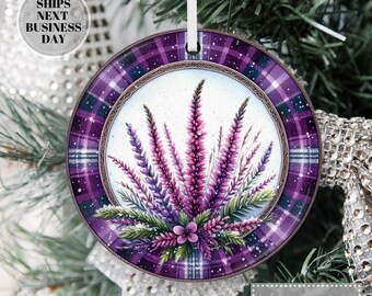 Scotland Heather Tartan Ornament: Gloss Ceramic Scottish Keepsake