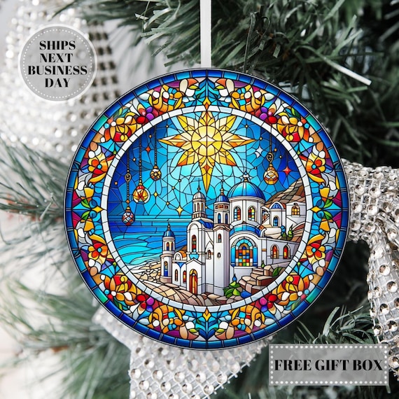 Santorini Greece Ornament: Faux Stained Glass Ceramic Keepsake