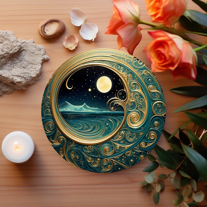 Moon Coaster Ceramic Celestial Moon Coasters: Green and Gold Starry Nights, MDF Wood ...