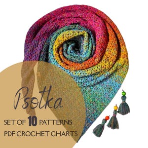 May include: A set of 10 crochet patterns for a colorful rainbow shawl. The patterns are available as PDF crochet charts. The image shows a crocheted shawl in a rainbow of colors, with a set of tassels.