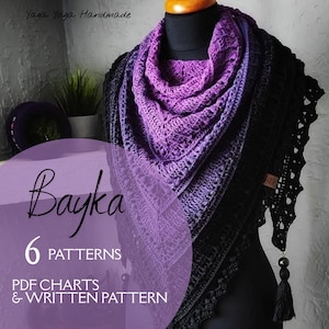 May include: Purple and black crochet shawl with a fringe. The shawl is on a mannequin and has the text "Bayka 6 Patterns PDF Charts & Written Pattern" on a purple background.
