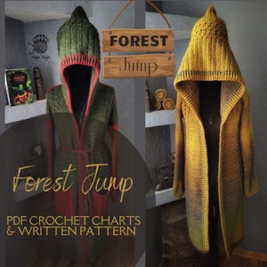 Może przedstawiać: Dwa dzianinowe kardigany z kapturem, jeden w kolorze zielonym i czerwonym, drugi w kolorze żółtym i zielonym. Obraz zawiera tekst "Forest Jump" i "PDF Crochet Charts & Written Pattern".
