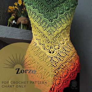 May include: A gradient crochet shawl in shades of green, yellow, and orange. The shawl is displayed on a mannequin, showcasing its intricate openwork design. The text "Zorza" and "PDF Crochet Pattern Chart Only" are visible.