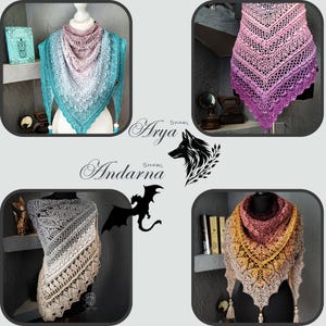 May include: Four handmade shawls in various colors are displayed. The shawls are draped on mannequins, showcasing intricate lace patterns. Colors include blue, pink, gray, and a mix of yellow and brown. The shawls are labeled "Arya Shawl" and "Andarna Shawl".