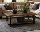 Farmhouse Style Coffee Table with Square Metal Legs, Rustic Wooden Center Table and Side Table, Living Room Furniture
